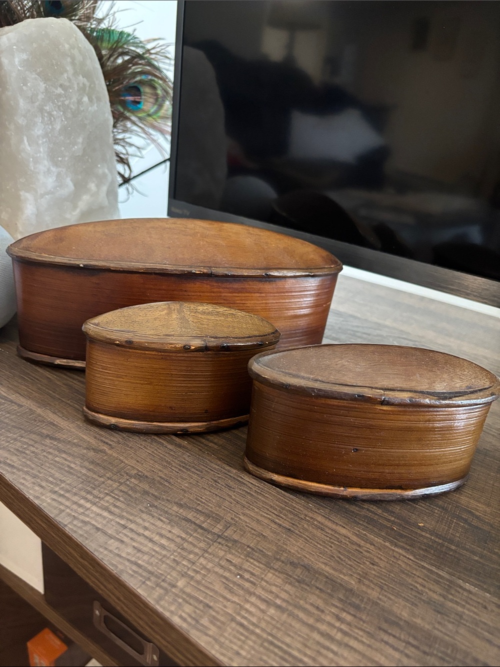 Hand Crafted Brown Oval Nesting Boxes Trio